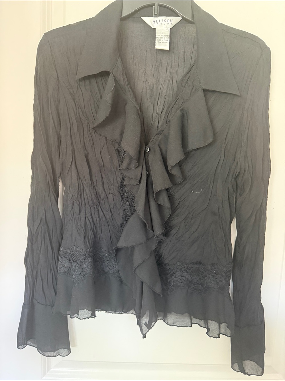 Allison Taylor Black Ruffle-Front Lace Trim Blouse